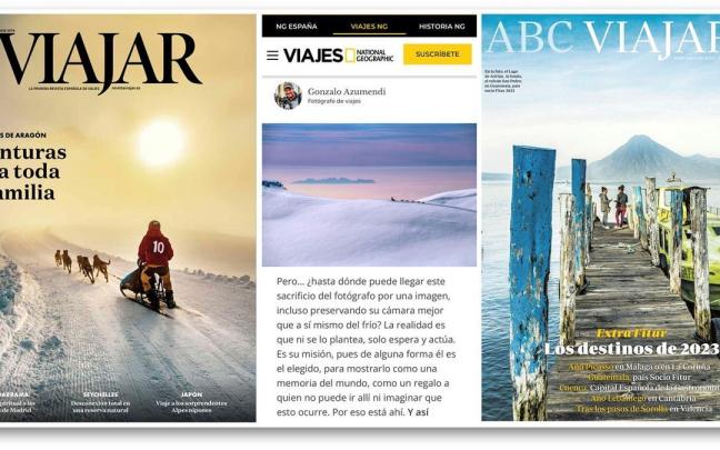 A la izquierda y derecha, dos fotos de Azumendi en portada; en medio, su participaci&oacute;n en &lsquo;National Geographic&rsquo;.