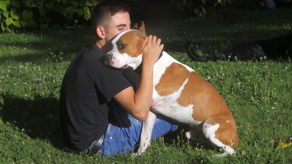 Un joven abraza a su perro en un parque.