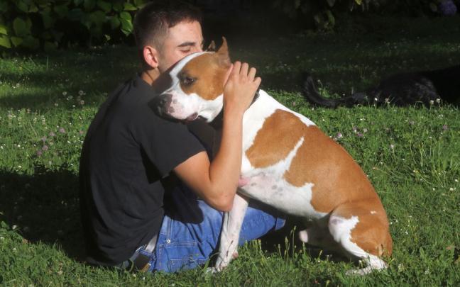 Un joven abraza a su perro en un parque. Un joven abraza a su perro en un parque.