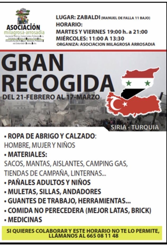 Cartel de la recogida solidaria puesta en marcha en la Milagrosa.