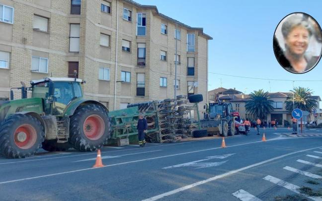 A la izquierda, el tractor implicado en el atropello, con la sembradora volcada. Arriba a la derecha, la mujer fallecida en Caparroso.