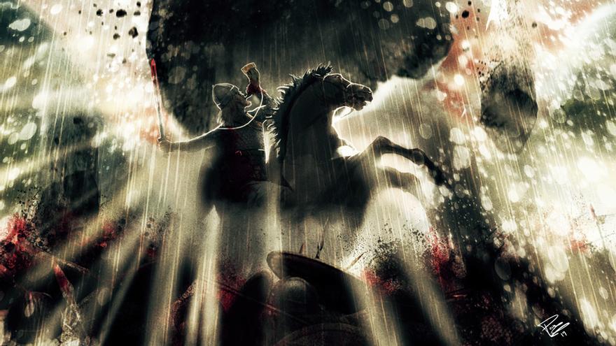 Roldán hace sonar el olifante mientras llueven piedras en la batalla de Errozabal.