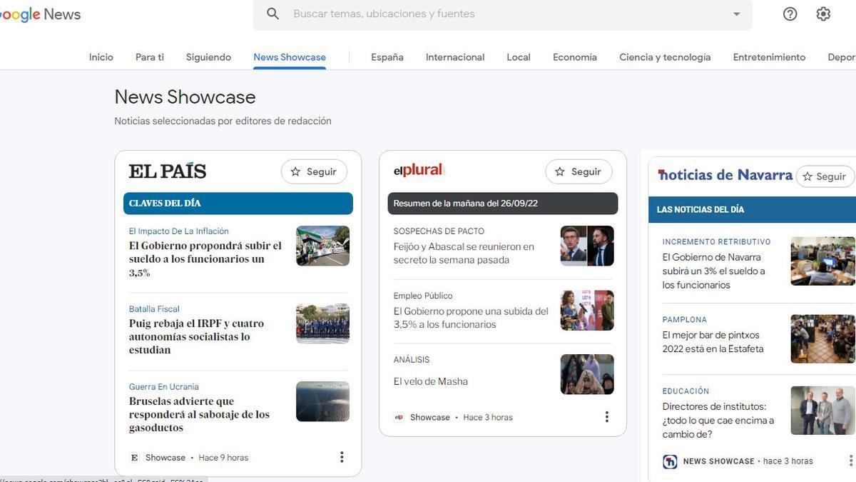 Paneles en los que se ofrecerá la información personalizada de NOTICIAS DE NAVARRA a través de la nueva herramienta de Google News.