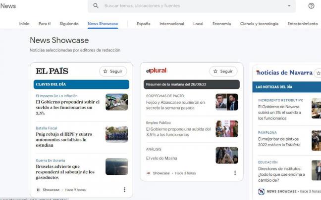 Paneles en los que se ofrecerá la información personalizada de NOTICIAS DE NAVARRA a través de la nueva herramienta de Google News. Paneles en los que se ofrecerá la información personalizada de NOTICIAS DE NAVARRA a través de la nueva herramienta de Google News.