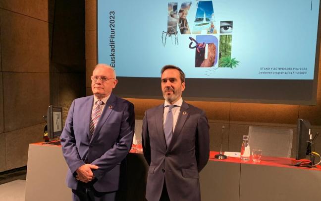El consejero de Turismo, Comercio y Consumo, Javier Hurtado, y el director de Basquetour, Agencia Vasca de Turismo, Daniel Solana.
