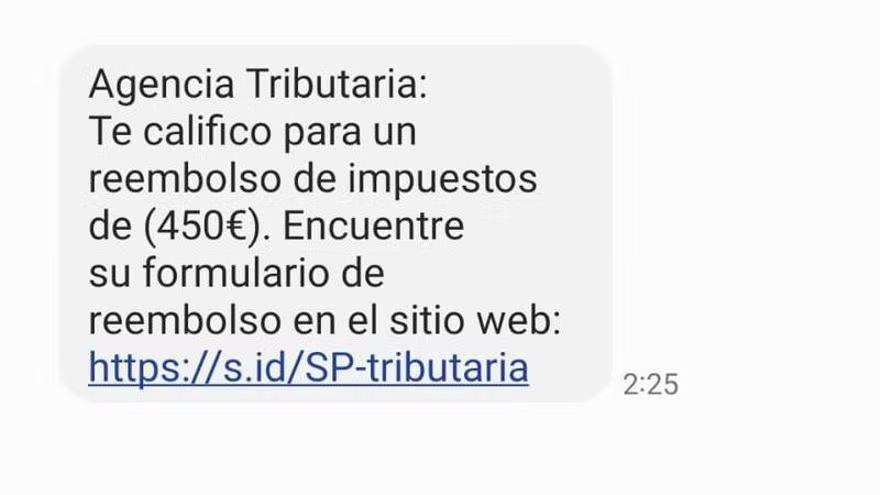 Mensaje falso recibido en un teléfono móvil.