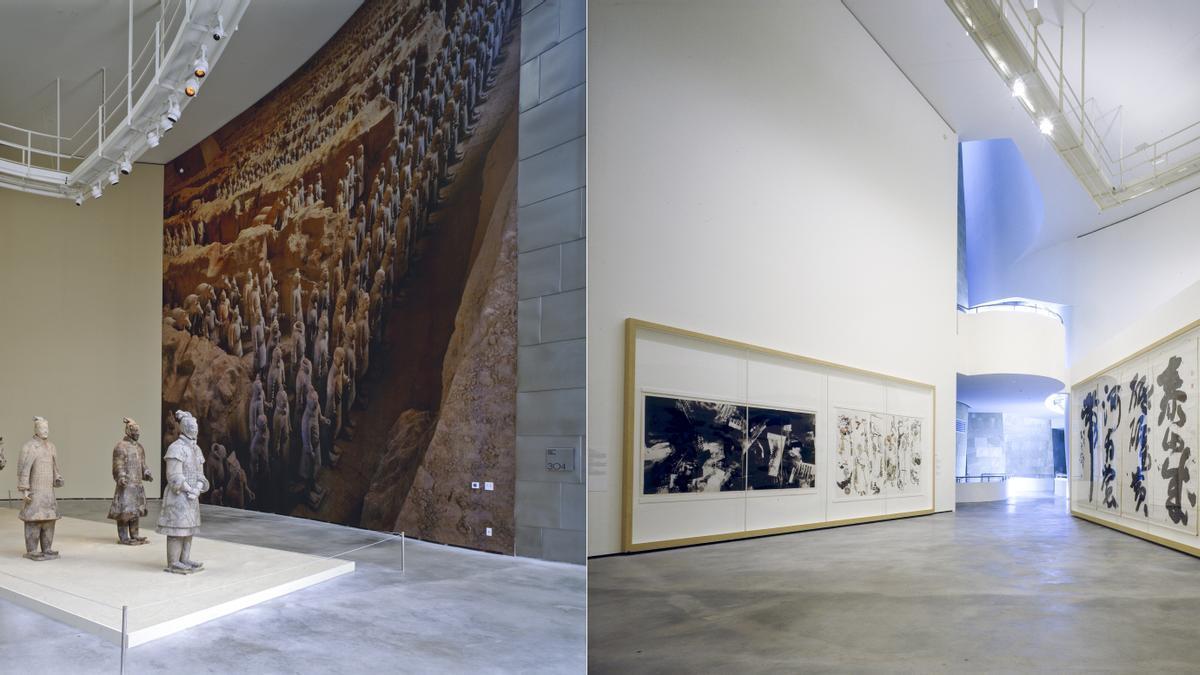 Vistas de la exposici&oacute;n, con el grupo de guerreros y el caballo de terracota como pieza clave (izda.). A la derecha, pinturas y obra gr&aacute;fica.