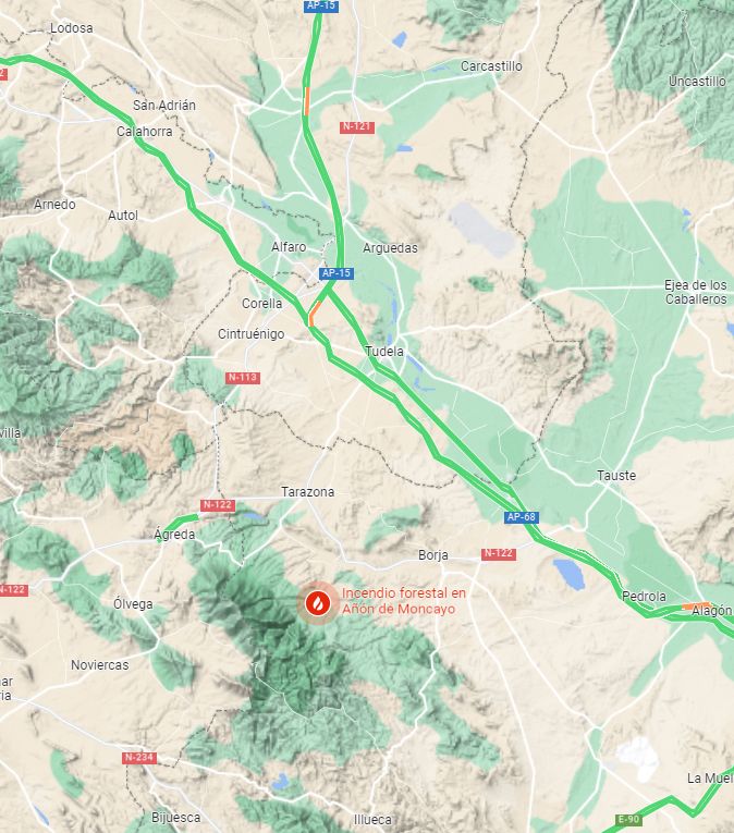 Localización del incendio en las faldas del Moncayo.