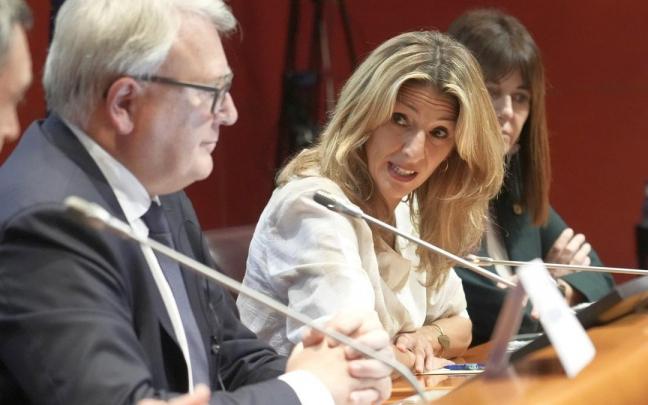 Nicolas Schmit, Yolanda Díaz e Idoia Mendia, ayer en Bilbao.