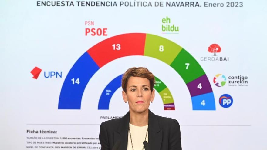 La presidenta de Navarra María Chivite durante la rueda de prensa de este sábado.