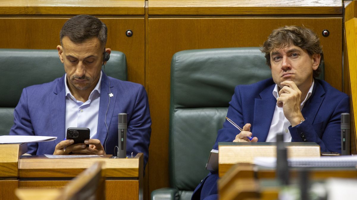 El portavoz dePSE-EE, Eneko Andueza (d), y el parlamentario Ekain Rico, durante el pleno de política general.