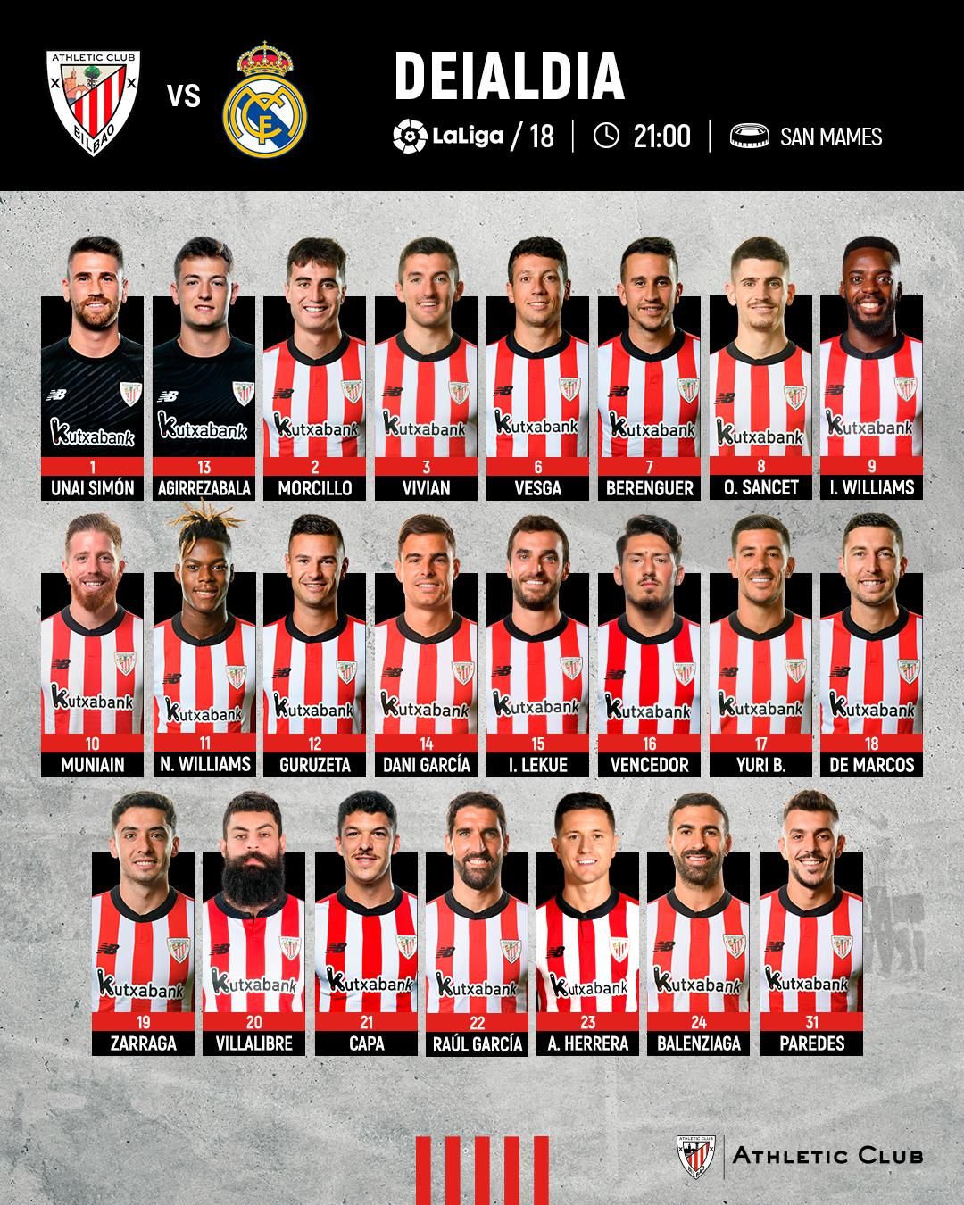 Convocatoria del Athletic para enfrentarse al Real Madrid.