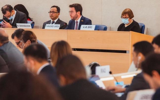 El presidente de la Generalitat, Pere Aragon&egrave;s, en su intervenci&oacute;n en el Foro de Naciones Unidas.