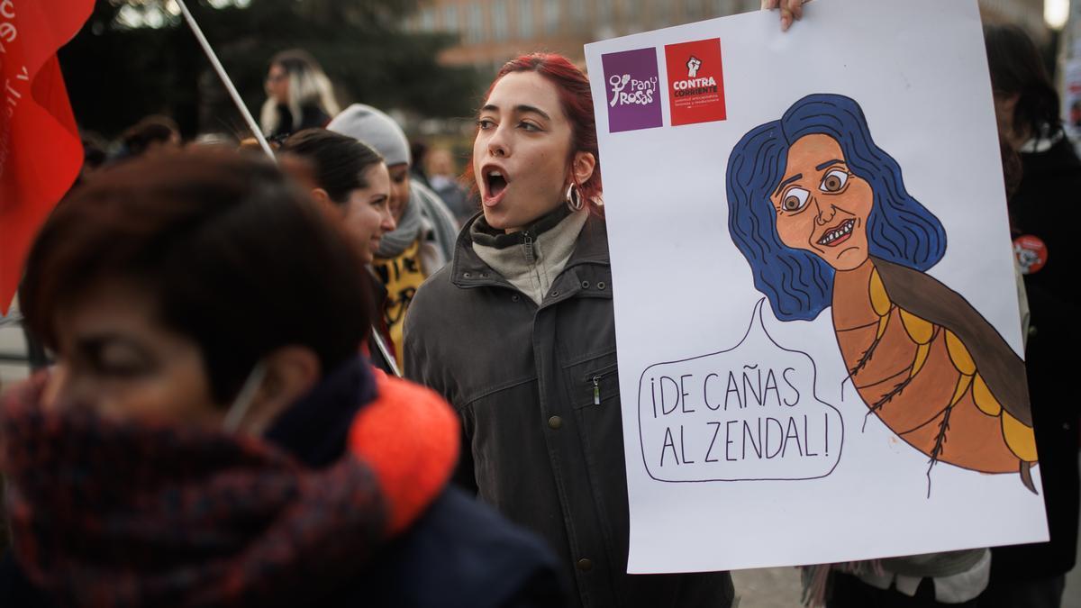 Una mujer sostiene un cartel en el que se lee 'De cañas al Zendal', durante la concentración contra de la distinción de Ayuso como alumna Ilustre de la Complutense.