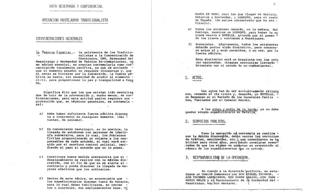 "Nota reservada y confidencial" de la "Operación Montejurra tradicionalista", uno de los documentos donados al Partido Carlista.