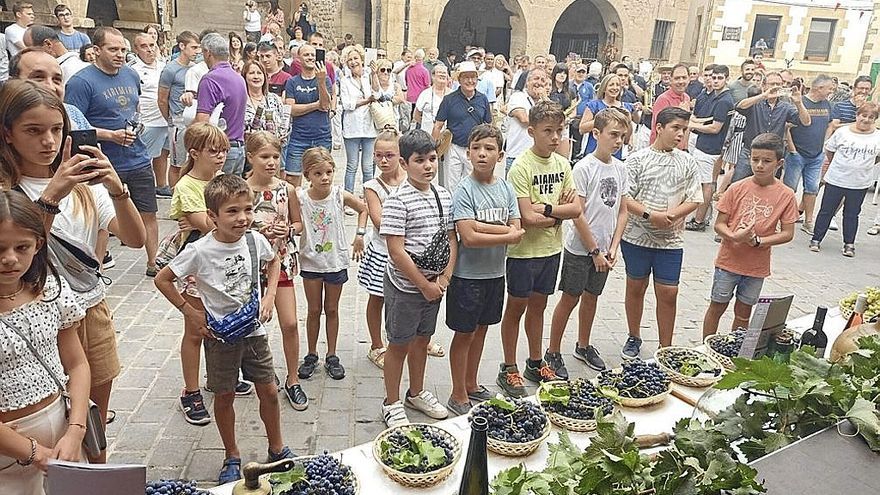 Apertura del acto en la plaza del Ayuntamiento, adornada con motivos vitivinícolas.