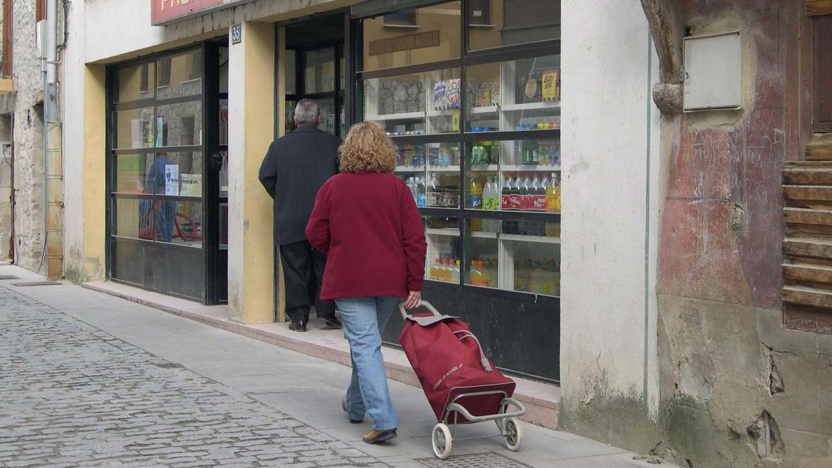 Mujer con un carro de la compra dirigiéndose hacia un supermercado en Dulantzi