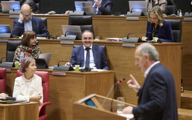 Adolfo Araiz (EH Bildu) interviene en el pleno ante la mirada de los parlamentarios de Navarra Suma