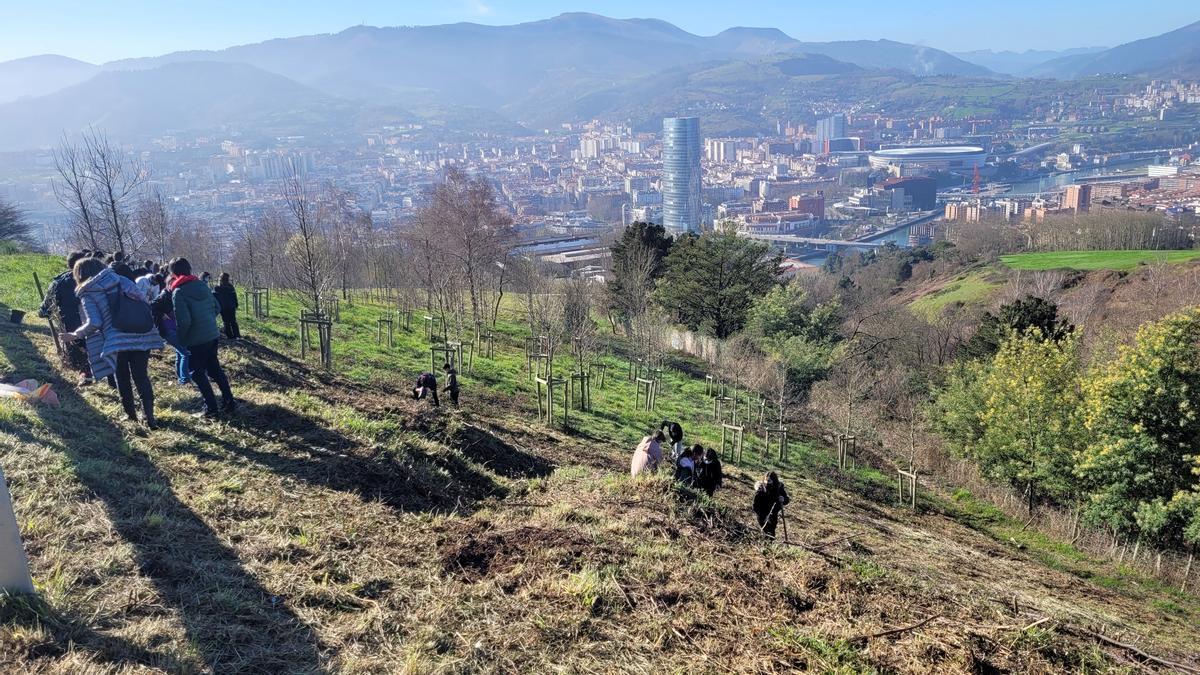 Varias personas plantan árboles en Bilbao, en imagen de archivo.