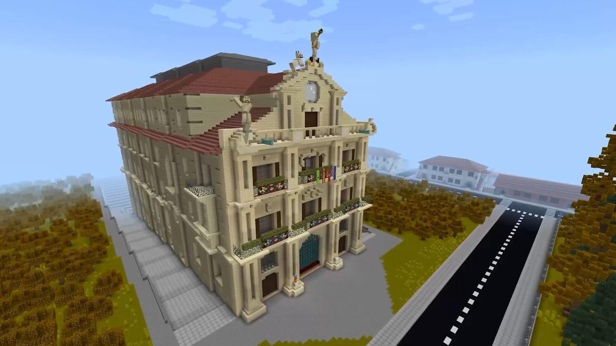 Recreación del Ayuntamiento de Pamplona en el videojuego Minecraft.