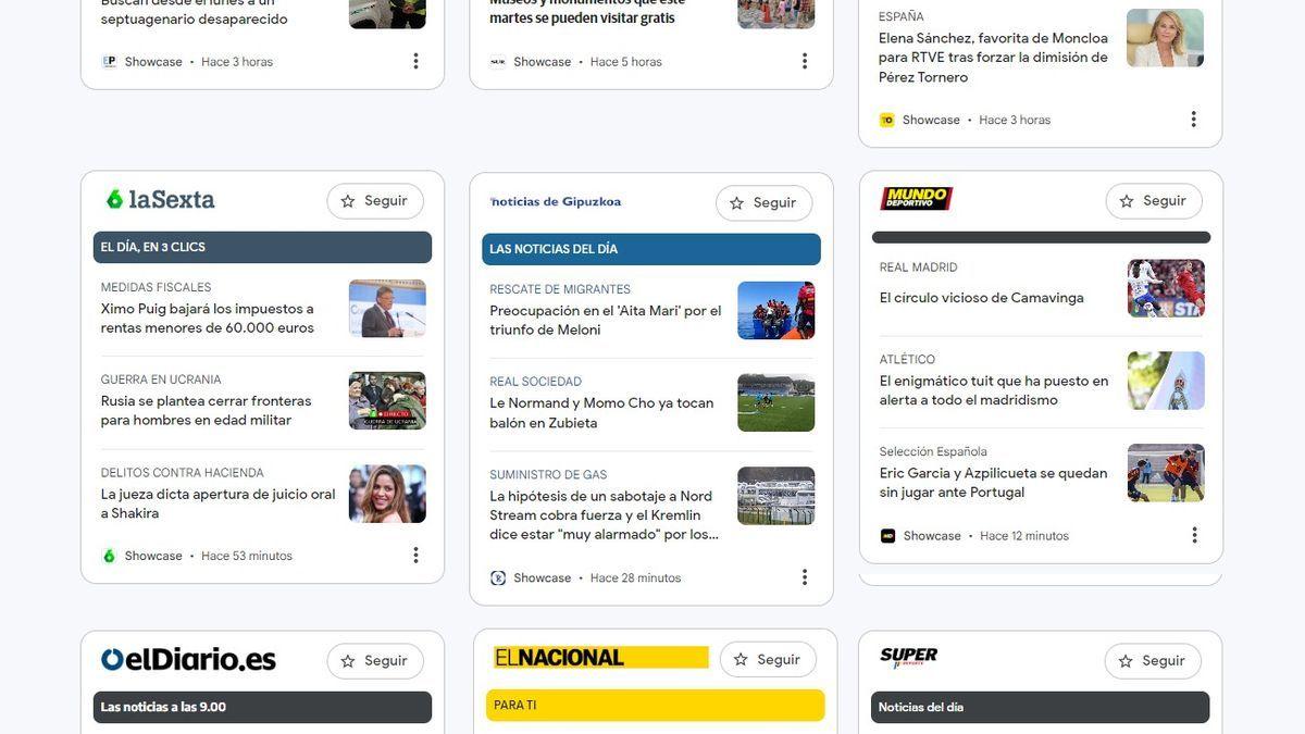 Paneles en los que se ofrecerá la información personalizada a través de la nueva herramienta de Google News Showcase