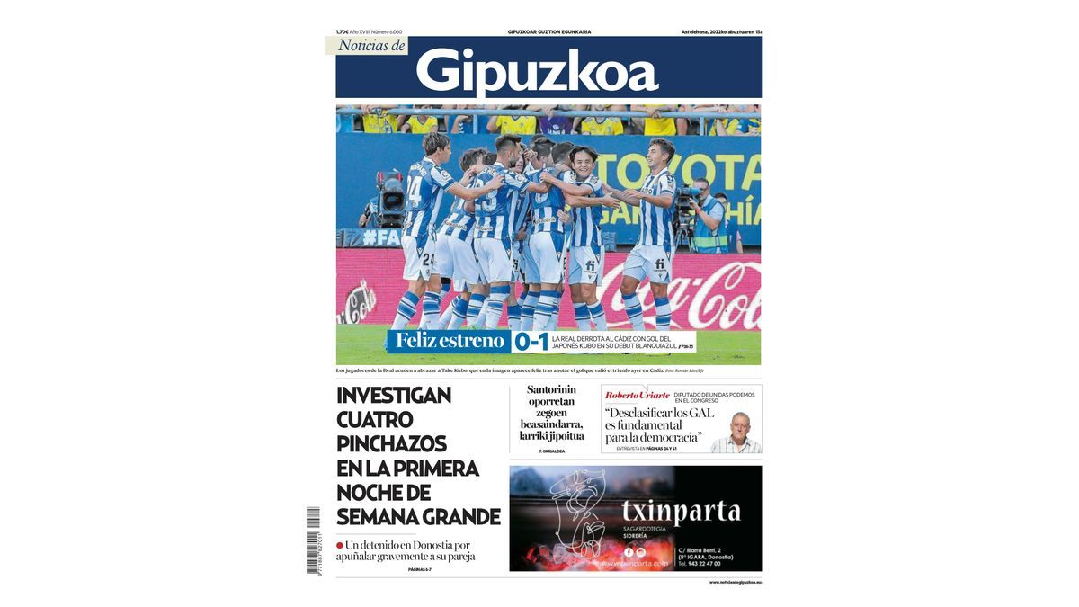 Portada NOTICIAS DE GIPUZKOA del 15 de agosto