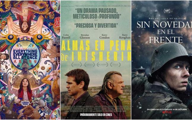 Carteles de 'Todo a la vez en todas partes', 'Almas en pena de Inisherin' y 'Sin novedad en el frente'.