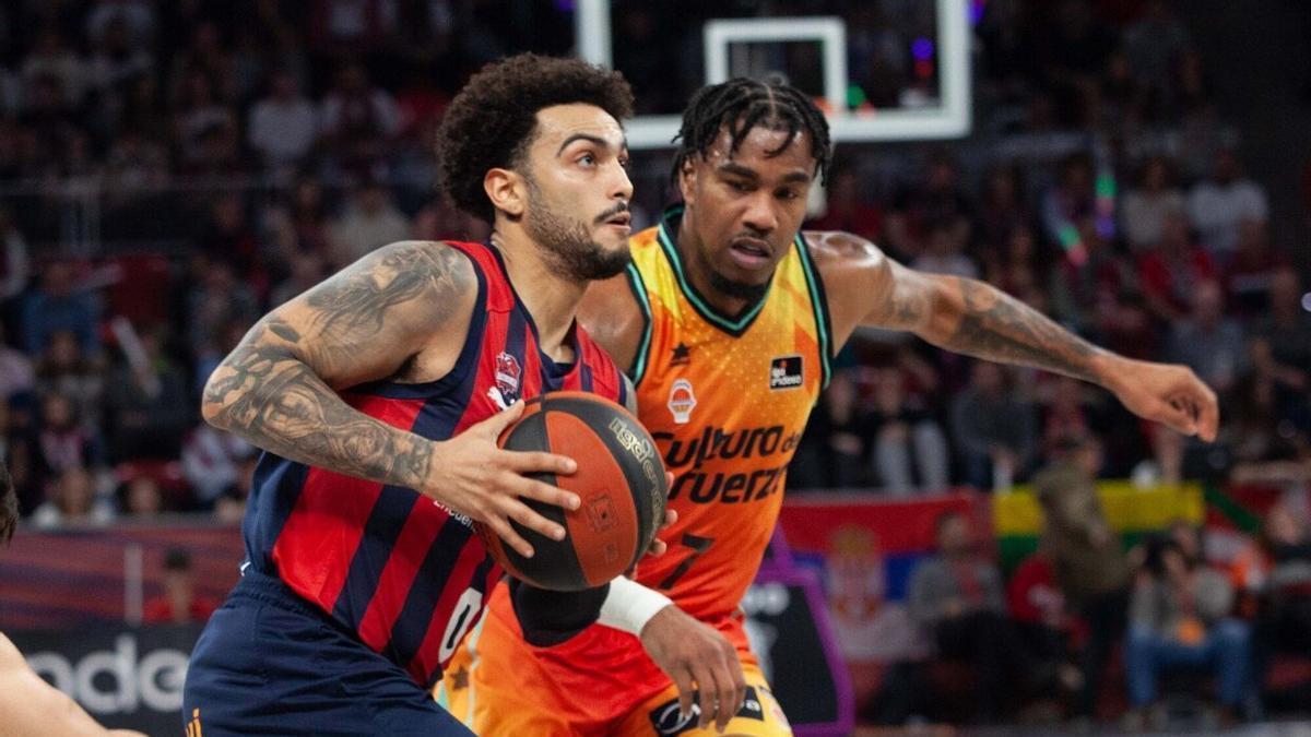 Markus Howard maneja el balón ante Chris Jones durante el Baskonia-Valencia Basket