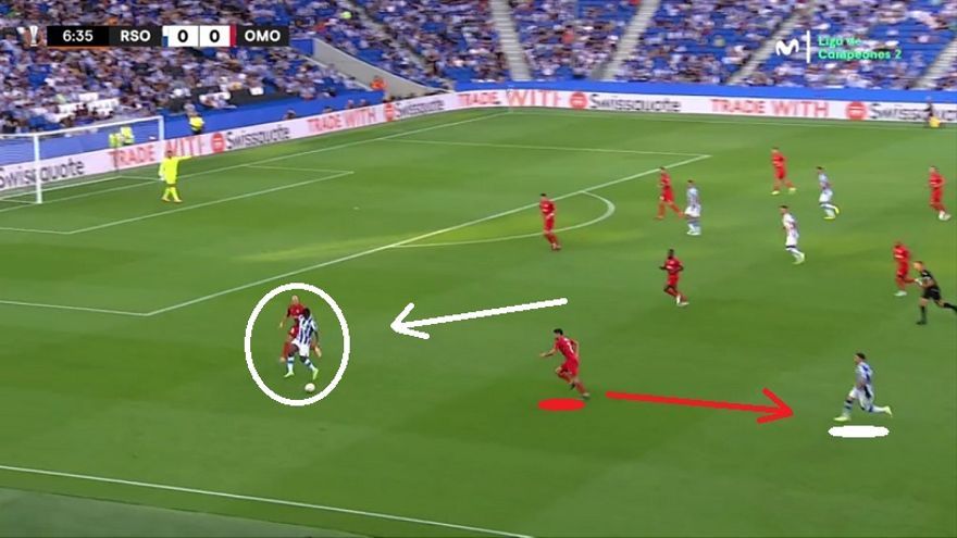 A la Real no le quedó otra que armarse de paciencia y explorar todos los caminos previamente trabajados. ¿Cómo se intentó? 1: CHO CAYENDO A LA IZQUIERDA. El galo, punta en el 4-4-2 con rombo, buscó la espalda del carrilero derecho del Omonia cuando este presionaba a Rico. Sorprendió para bien el marcaje de Miletic, a quien seguro habían mostrado vídeos de la visita a Anoeta del Atlético de Madrid.