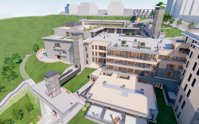 Fotomontaje de cómo quedarán los tres ascensores y los apartamentos para mayores de la Fundación Matia Fotomontaje de cómo quedarán los tres ascensores y los apartamentos para mayores de la Fundación Matia