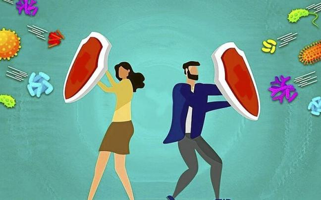 Ilustración de un hombre y una mujer protegiéndose con escudos frente a virus y bacterias. Ilustración de un hombre y una mujer protegiéndose con escudos frente a virus y bacterias.