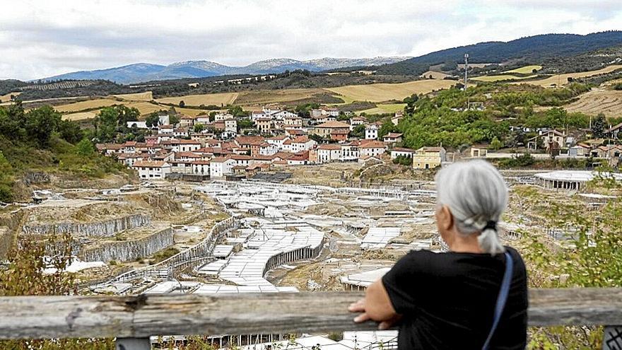 Una persona mira el Valle Salado de Salinas de Añana. En pequeño, varios detalles de las salinas.