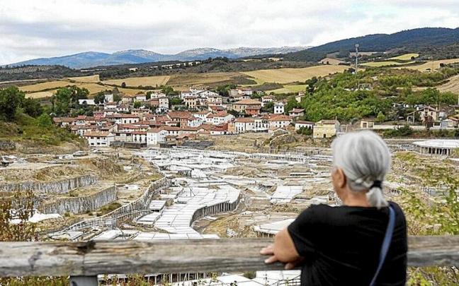Una persona mira el Valle Salado de Salinas de A&ntilde;ana. En peque&ntilde;o, varios detalles de las salinas.