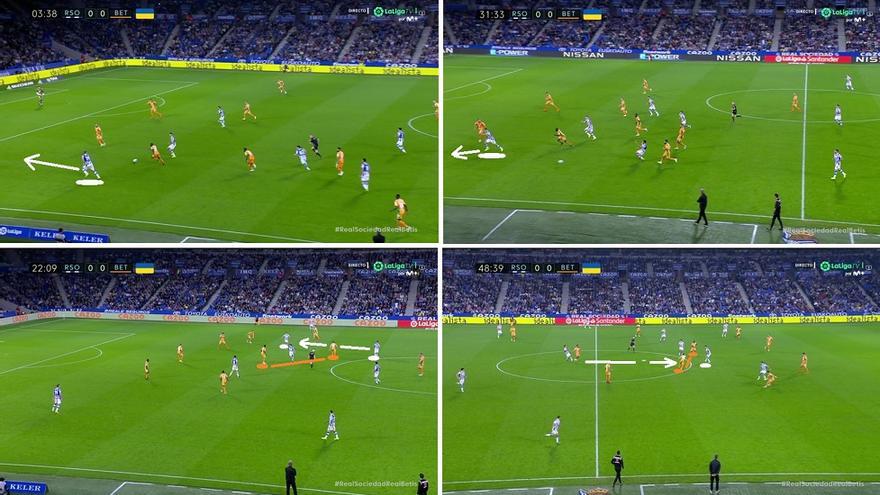 Cuando Merino recibía y se giraba, se encontraba ya con un Betis rápidamente replegado... Dentro de ese contexto, la Real supo tanto amenazar fuera con las caídas de los puntas como enganchar dentro a la espalda del doble pivote Paul-Guardado.