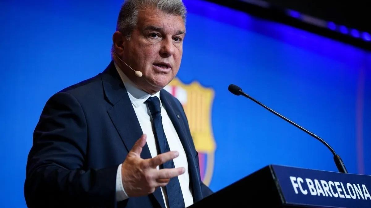 El presidente del FC Barcelona, Joan Laporta, en rueda de prensa