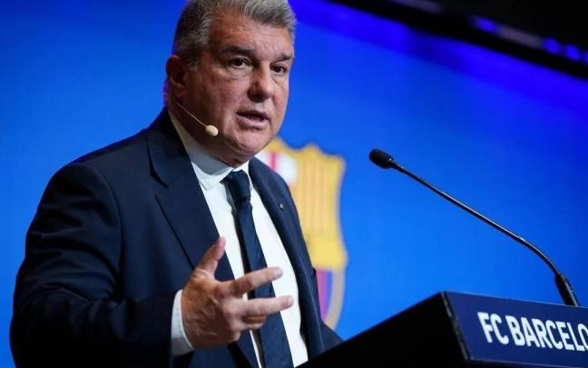 El presidente del FC Barcelona, Joan Laporta, en rueda de prensa