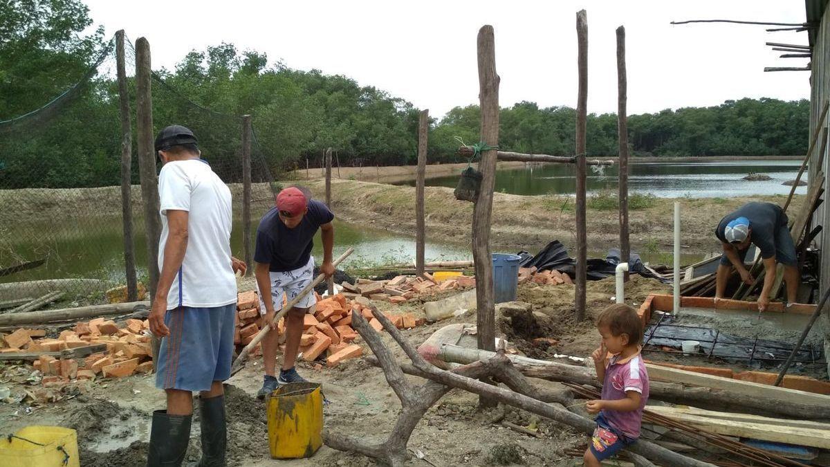 Dos habitantes de la comunidad de Colorado (Cojimíes) y un trabajador de Cáritas preparan cemento para construir un baño.