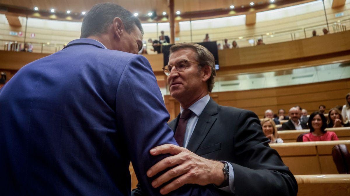 El presidente del Gobierno español, Pedro Sánchez, y el líder del PP, Alberto Núñez Feijóo, se saludan en una sesión plenaria en el Senado.