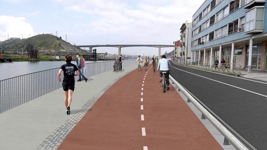 Infografia de un tramo del eje ciclable que unirá Bilbao con Getxo por la margen derecha de la ría