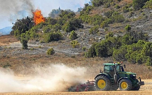 Un agricultor ayuda con su tractor a hacer un cortafuegos para controlar el incendio del lunes en Mendoza.