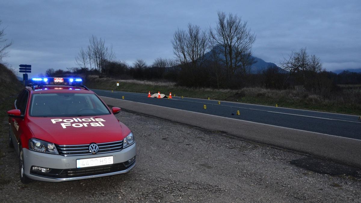 Un vehículo de la Policía Foral, en el punto de la carretera NA - 2410 en el que se localizó el cuerpo de Álex Jaka, joven vecino de Arbizu que murió atropellado por un vehículo que se dio a la fuga.