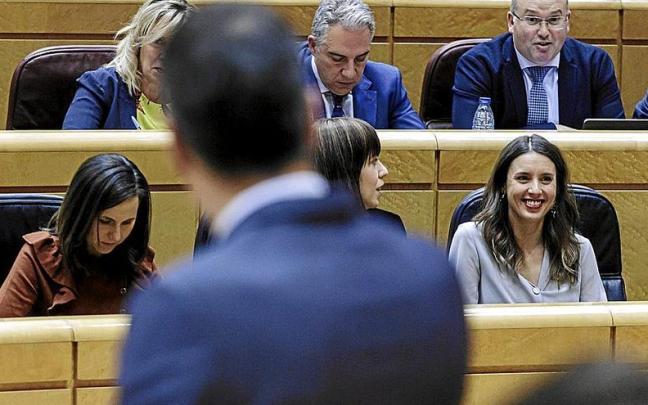 Pedro Sánchez comparece en el Senado el pasado 31 de enero en presencia de la ministra de Igualdad, Irene Montero.