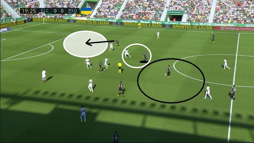 Detrás, el Elche sigue ajustado como veíamos antes. Pero con Zubimendi disfrutando de semejante espacio para levantar la cabeza, resulta hasta sencillo que ese arrastre de Kubo con Mojica (también lo veíamos antes) le genere una autopista a Brais. 0-1.