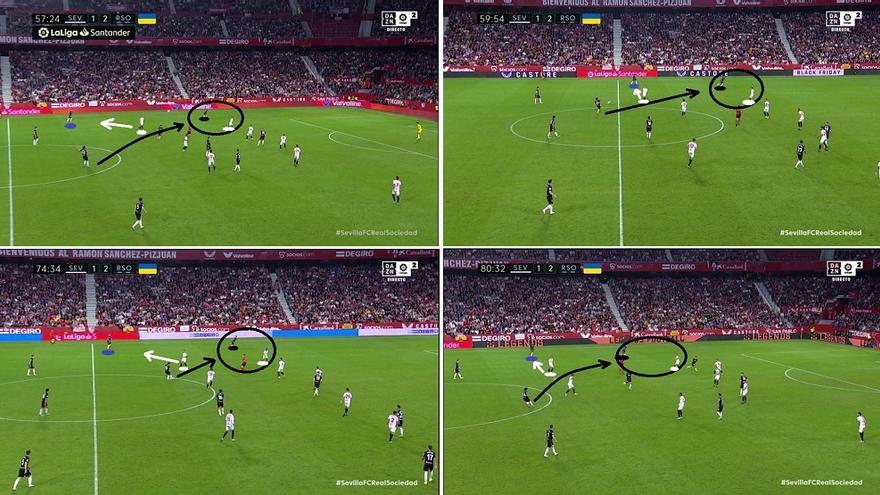 Con Zubeldia algo dentro y toda la banda derecha para Sola, Imanol busca hacer daño en un punto que no dé pie a contragolpes locales, explotando el mano a mano (ZONA NEGRA) Kubo-Navas. AZUL: Rico atrae 'alto' a Lamela, aclara el duelo lateral-extremo y ejerce de red ante posible pérdida. Con el japonés notable como generador (menos fino en la definición), la Real debió hacer un tercer e incluso un cuarto gol antes del tramo final.