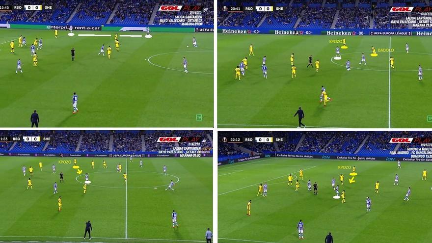 El nuevo contexto entrega las llaves del partido al gallego, quien lo interpreta (como el equipo en general) a las mil maravillas: escorado a derecha delante de Aritz, en el carril (intermedio entre Badolo-Kpozo) provocando dudas, o alejándose hasta donde Kpozo no persigue.