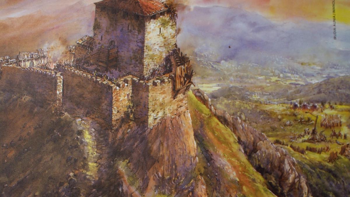 Dibujo del castillo de Untzueta que reproduce lo que fue su asedio, en 1357, y los restos de la fortificación hallados en 2006 y 2007.