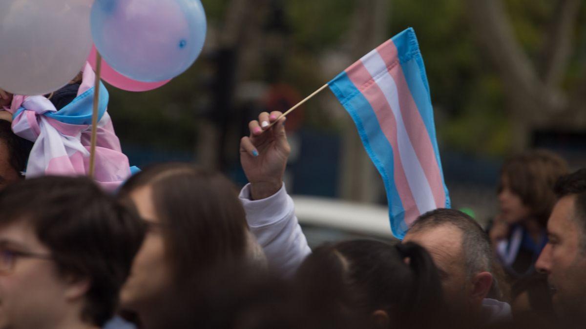 Un hombre sostiene una bandera trans durante una protesta.