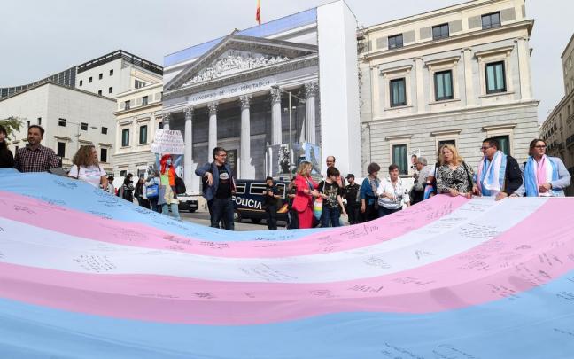 Varias personas sostienen la bandera trans ante el Congreso de los Diputados Varias personas sostienen la bandera trans ante el Congreso de los Diputados