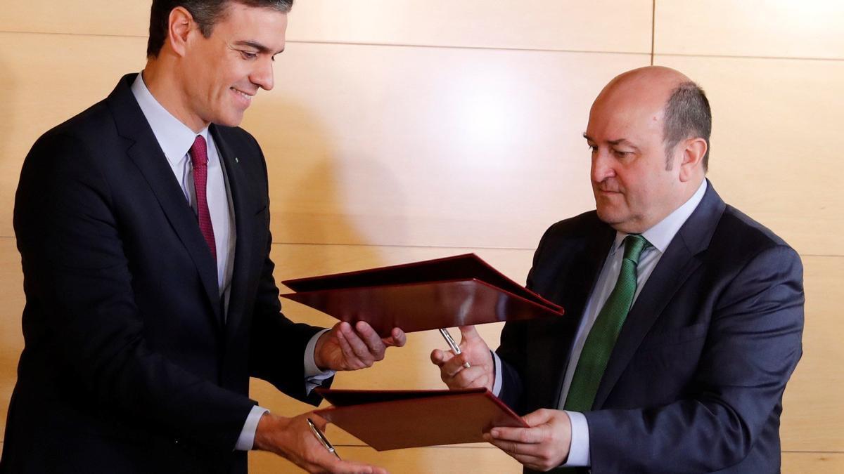El presidente del Gobierno español, Pedro Sánchez, con el líder del EBB, Andoni Ortuzar, en la firma del pacto de investidura en diciembre de 2019