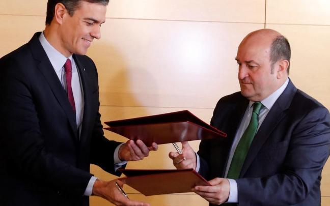 El presidente del Gobierno español, Pedro Sánchez, con el líder del EBB, Andoni Ortuzar, en la firma del pacto de investidura en diciembre de 2019 El presidente del Gobierno español, Pedro Sánchez, con el líder del EBB, Andoni Ortuzar, en la firma del pacto de investidura en diciembre de 2019